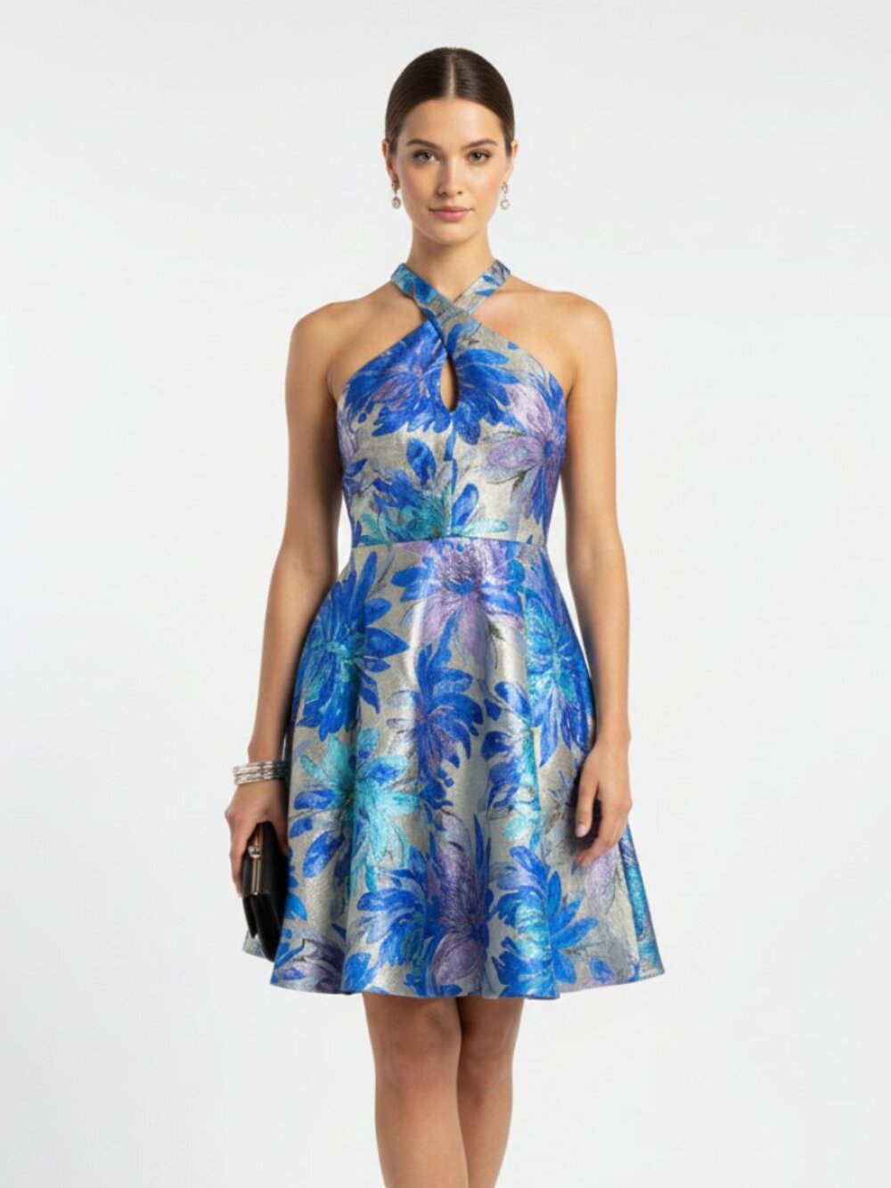 Badgley Mischka Blue &‎ Gray Floral Print Sleeveless Knee Length Dress 2